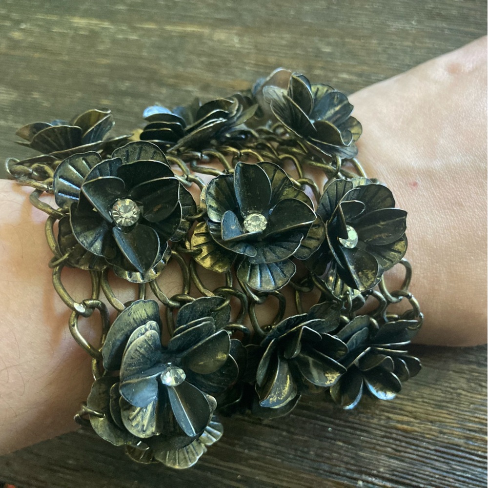 Vintage 1970s Black Metal Flower Statement Bracelet